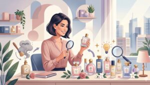 Стильная современная иллюстрация с флаконами бюджетной женской парфюмерии для статьи о развенчании мифов.