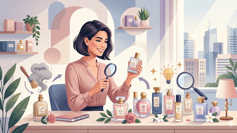 Стильная современная иллюстрация с флаконами бюджетной женской парфюмерии для статьи о развенчании мифов.