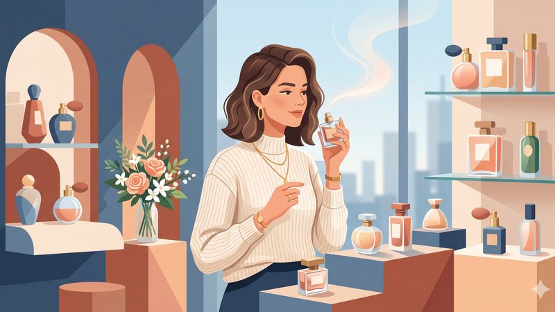 Стильная иллюстрация с флаконами бюджетной женской парфюмерии для статьи о выборе стойких ароматов